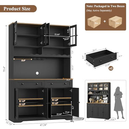 HOSTACK 75" Kitchen Pantry Storage Cabinet, Coffee Bar Hutch Cabinet, Black | Tall Pantry Cabinet with Charging Station / Wide Countertop / Glass Doors / Wine Rack / Cup Holder / Drawers, Dining Room - color: Black