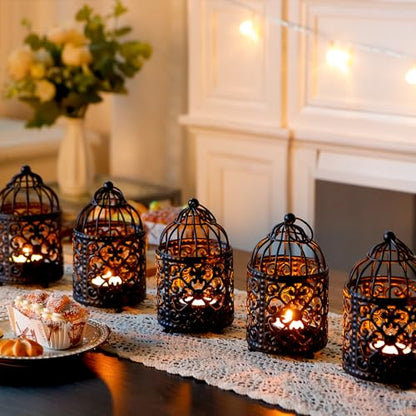 JHY DESIGN 6 Pcs 5.5 inch Height Small Metal Candle Stick Holder Hanging Birdcage Tealight Lantern Hollow Candle Holders for Table Valentine Patio Indoor Outdoor Gifts(Black)