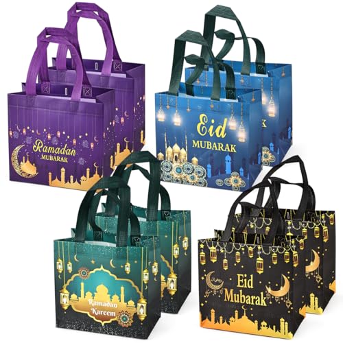 Aviski 8PCS Eid Mubarak Reusable Gift Bags, Treat Bags with Handles, Ramadan Mubarak Party Bags, Multifunctional Non-Woven Eid Bags for Gifts Wrapping, Ramadan Kareem Party Supplies, 9.2"×8.7"×4.3"