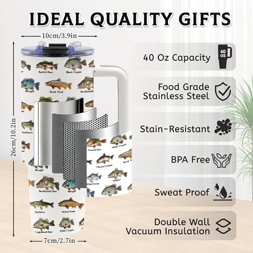Fishing Coffee Mug, Fish Gifts for Dad, 40oz Tumbler, Fishing Gifts for Men with Handle and Straw, Christmas, Thanksgiving, Birthday Gifts for Fisherman, Party Supplies, Stainless Steel Cup - color: Fish-White