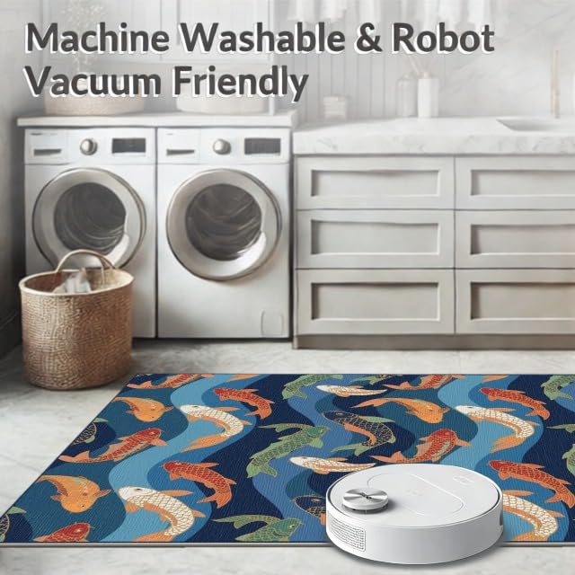 8'x10' Washable Asian Koi Fish Large Rug, Navy Blue Non-Shedding Pet Friendly Carpet Foldable Easy Care Mat for King Size Bedroom, Master Suite, Under Bed | Ref:1885305 - color: Blue/Pattern 12, size: 8' x 10' (Rectangular)
