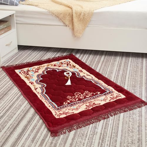 Muslim Prayer Rug with Tasbih Prayer Beads, Soft Large Prayer Matt Islam, Padded Islamic Prayer Mat Thick for Men and Women, Janamaz, Sajadah (31.5" x 47.2", Red) - color: Red