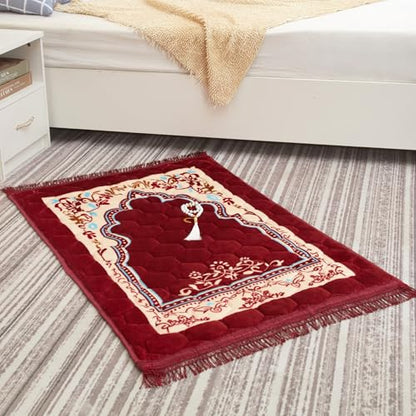 Muslim Prayer Rug with Tasbih Prayer Beads, Soft Large Prayer Matt Islam, Padded Islamic Prayer Mat Thick for Men and Women, Janamaz, Sajadah (31.5" x 47.2", Red) - color: Red