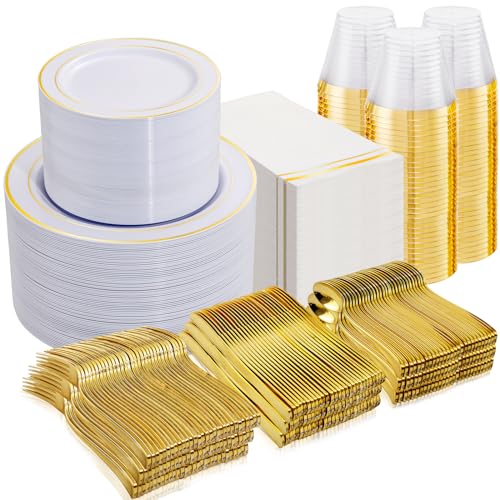 NOCCUR 700PCS Gold Plastic Plates - Gold Disposable Dinnerware Set for 100 - Include 200 Dinner/Dessert Plates, 300 Cutlery, 100 Cups, 100 Napkins, Idea for Wedding/Party/New Year - color: Gold
