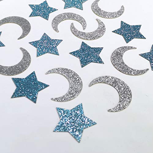 Glittery Moon and Star Table Confetti for Baby Shower Kids Birthday Party Twinkle Twinkle Little Star Decorations - Paper Scatter - Blue and Silver