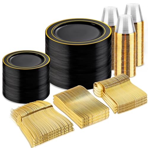 bUCLA 600PCS Black and Gold Disposable Dinnerware Set - Black Plastic Plates Disposable for Party Include 100 Dinner&100 Dessert Plates,100 Knives,100 Forks,100 Spoons,100 Cups for Party & Graduation - color: Black/Gold