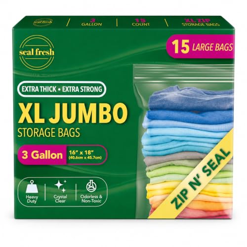 Seal Fresh 3 Gallon Large Plastic Storage Bags – 16" x 18" (15 Count) – Reusable XXL Extra Large Clear Jumbo Zip Bags with Sealable Zipper Top For Clothes, Travel, Moving - size: 3 Gallon - 15 Pack