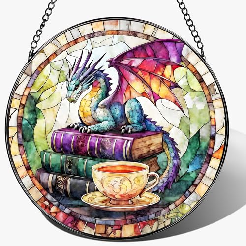 Dragon Stained Glass Window Hanging, 8 Inch Sun Catchers Indoor Window, Suncatchers for Windows Hanging, Home Decor and Christmas, Festival, Birthday, Gifts for Readers, Book Lovers, Women, Men - color: Fantasy Book With Dragon