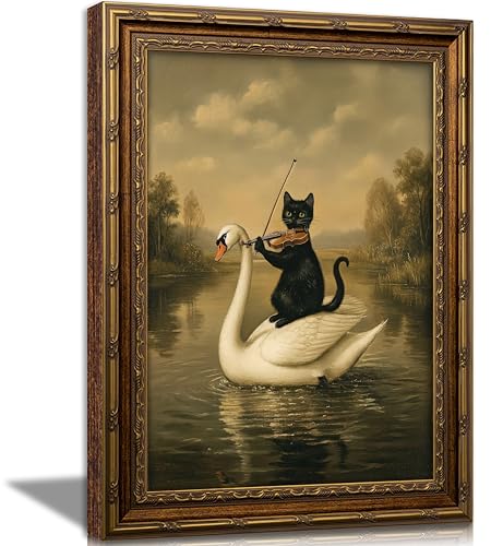 Vintage Gold Framed Black Cat Wall Art,Dark Academia Swan Painting Canvas Print,Moody Cottagecore Cute Animal Wall Decor, Rustic Farmhouse Animal Poster Artwork for Living Room Bedroom Bathroom - color: Black Cat, size: 24"L x 16"W