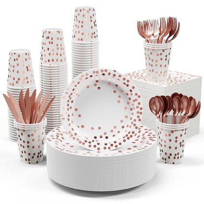 White and Rose Gold Party Supplies - 350 PCS Disposable Dinnerware Set - White Paper Plates Napkins Cups, Gold Plastic Forks Knives Spoon for Graduation, Birthday, Thanksgiving, Cocktail Party - color: White & Rose Gold