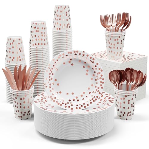 White and Rose Gold Party Supplies - 350 PCS Disposable Dinnerware Set - White Paper Plates Napkins Cups, Gold Plastic Forks Knives Spoon for Graduation, Birthday, Thanksgiving, Cocktail Party - color: White & Rose Gold