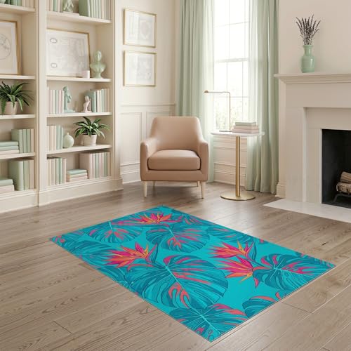 4'x6' Washable Bohemian Monstera Area Rug, Hot Pink Flatwoven Floor Mat for Home Office, Gaming Room, Under Desk, Non-Slip Chair-Friendly Carpet | Ref:1991833 - color: Blue/Pattern 26, size: 4' x 6' (Rectangular)