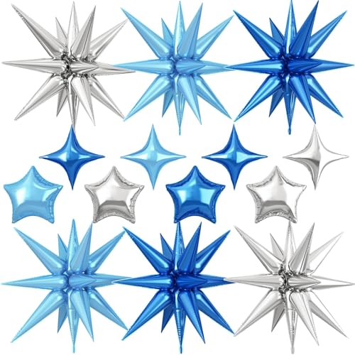Blue Silver Star Balloons, 22 Inch Explosion Stars & 10 Inch Foil Balloons - color: Dark Blue Light Blue Silver