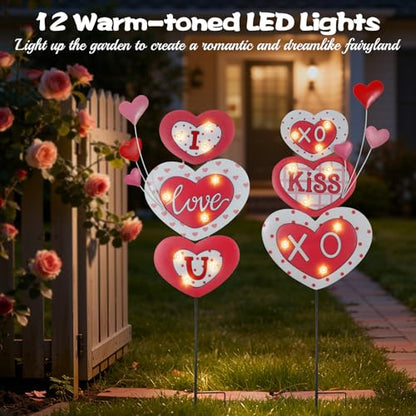 Lewondr 2 Pcs Valentine's Day Decorations Outdoor, Metal Solar Pathway Lights, Love Heart Decorative Garden Stakes Lights with 18 LED Beads, Waterproof Yard Signs for Porch Lawn Wedding Anniversary - style: Love Heart