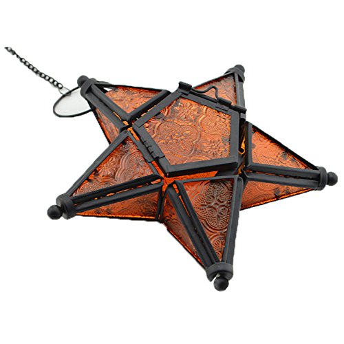 Star Lantern Hanging Glass Star Orange Decoravtive Lantern Candle Holder for Home Patio Garden Decoration Orange - color: Orange