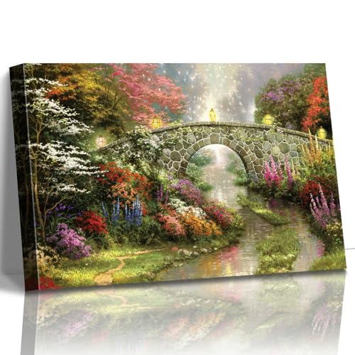 STUDIO HAVEN Thomas Kinkade Canvas Wall Art, Flower Filled Stream Stone Arch Glowing Lanterns Misty Ambiance Oil Painting Poster Rustic Landscape Wall Decor, Framed Prints for Home Decor, 16x12Inch - color: Thomas014, size: 16"L x 12"W