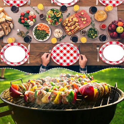 50피스 체크 타원형 종이 접시 대형 27.9cm(11인치) 일회용 레드 & 화이트 체크 무늬 플래터 BBQ 파티 장식 여름 바베큐 용품 모임 피크닉 카니발 생일 파티 식기 세트 - style: 확인됨