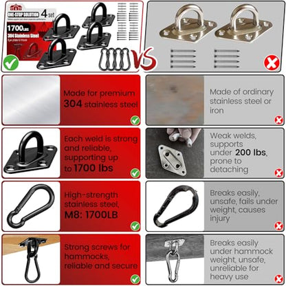 sprookber 304 Stainless Steel Pad Eye Snap Hooks, M10 Heavy Duty Ceiling Hook, 1700lb Capacity Hammock Swing Hanging kit, Plant Hangers, Marine Hardware Staple Hook Loop with Screws, Set of 8(Black) | Hanging Kit with Screws for Hammock Chair Swing, Yoga