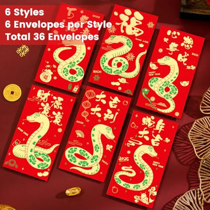 Chinese New Year Red Packets 2026,36 Pcs Money Envelopes with 6 Classic Embossed Bronzing Foil Designs for Cash Gifts & Decorations (Snake Year) - style: Snake Year