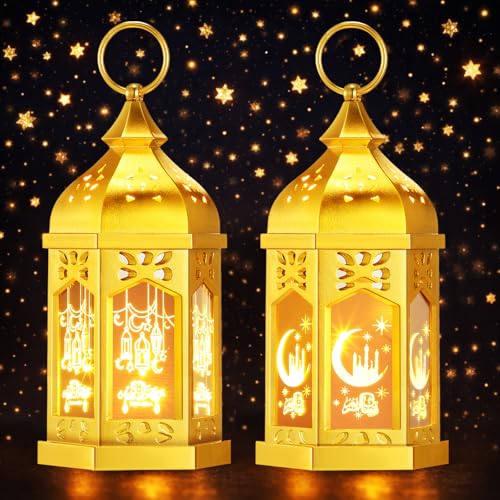 Retisee 2피스 17.8cm(7인치) 라마단 대형 이드 무바라크 랜턴 문 스타 벽걸이 LED 랜턴 홈 파티오 테이블 웨딩 센터피스 축제 장식용 (2가지 스타일, 전기 도금 골드) - color: 전기 도금 골드, size: 2 Styles