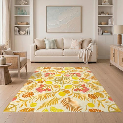 5'x7' Washable Bohemian Monstera Area Rug, Cream Non-Shedding Pet Friendly Carpet Easy Care Kids Safe Mat for Small Living Room, Playroom, Bedroom | Ref:1991794 - color: Beige/Pattern 14, size: 5' x 7' (Rectangular)
