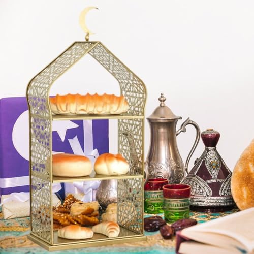 Ramadan Serving Tray 3 Tiered Metal Dessert Stand Cupcake Tower Cake Holder Stand Tiered Serving Tray for Islam Muslim Eid Mubarak Party Table Decor - size: 20*12*45cm