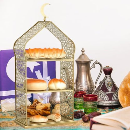 Ramadan Serving Tray 3 Tiered Metal Dessert Stand Cupcake Tower Cake Holder Stand Tiered Serving Tray for Islam Muslim Eid Mubarak Party Table Decor - size: 20*12*45cm