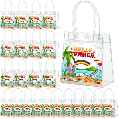 Aliceset 24 Pcs Hello Summer Clear Gift Bags Bulk with Handle, PVC Summer Party Favor Bag Reusable Transparent Goodie Bags for Beach , Pool Parties, Picnics & Outdoor Events, 6.31"x 5.91"x 3.15" - style: Hello Summer