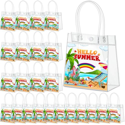 Aliceset 24 Pcs Hello Summer Clear Gift Bags Bulk with Handle, PVC Summer Party Favor Bag Reusable Transparent Goodie Bags for Beach , Pool Parties, Picnics & Outdoor Events, 6.31"x 5.91"x 3.15" - style: Hello Summer