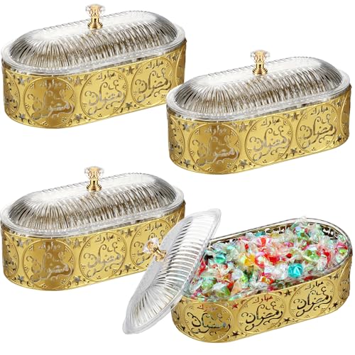 Willinglong 4 Pcs Ramadan Trays with Lid Eid Mubarak Gold Plates Dishes Table Decoration Muslim Islamic Serving Trays Metal Dessert Storage Container for Celebration (Eid Mubarak) - style: Eid Mubarak