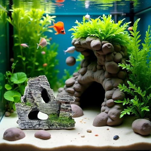 Resin Aquarium Mountain Decor with Moss Rock Cave - Multi-Level Terrain for Fish Tank Landscaping, Natural-Looking Rockery Design with Hidden Cave and Crevices for Shrimp, Reptile Habitat Aquascaping