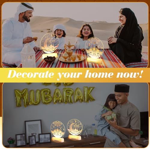 2 Pcs Ramadan Decorations Lights for Home Eid Mubarak Table Decor LED Ramadan Night Lights Crescent Moon Castle Lantern Centerpiece for Home Islamic Mosque Muslims Crafts Table Decor Eid Gifts(Cute) - style: Cute