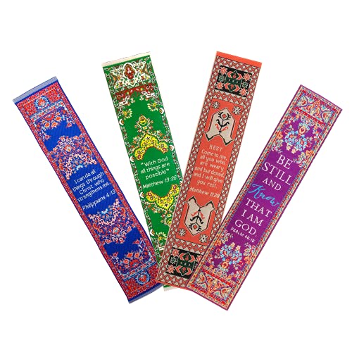 Teachers Gift, Themed Assortment of 4 Woven Fabric Bible Verse Bookmarks, Silky Soft & Flexible Religious Bookmarkers for Novels Books & Bibles, Woven Design, Memory Verse Gift - color: Teachers Gift