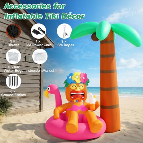 Lewondr 6FT Inflatable Tiki Luau Decor, Flamingo Coconut Palm Luau Party Decorations, Blow up Hawaiian Outdoor Decoration with 7 LED Lights, Summer Outdoor Inflatable for Tropical Pool Beach Yard Lawn - style: Flamingo Coconut Palm