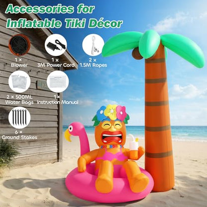 Lewondr 6FT Inflatable Tiki Luau Decor, Flamingo Coconut Palm Luau Party Decorations, Blow up Hawaiian Outdoor Decoration with 7 LED Lights, Summer Outdoor Inflatable for Tropical Pool Beach Yard Lawn - style: Flamingo Coconut Palm