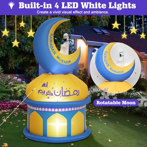 Lewondr 4.9FT Outdoor Inflatable Moon Decorations, Rotating Inflatable Moon Eid Mubarak Decor, Blow Up Muslim Holy Ramadan Celebration Decor with LED Lights, Outdoor Holidays Inflatables for Yard - style: Moon and Castle