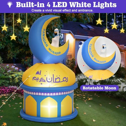 Lewondr 4.9FT Outdoor Inflatable Moon Decorations, Rotating Inflatable Moon Eid Mubarak Decor, Blow Up Muslim Holy Ramadan Celebration Decor with LED Lights, Outdoor Holidays Inflatables for Yard - style: Moon and Castle