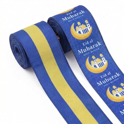 2 Roll Eid Mubarak Ribbons Blue Gold White Grosgrain Stripes Ribbons for Wrapping Eid Mubarak Ramadan Moon Castle Candle Ribbon Ramadan Ribbon for Islamic Muslim Decor - color: Blue