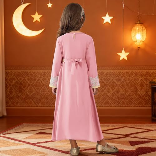 FYMNSI Kids Girls Muslim Abaya Dress Modest Lace Belted Prayer Dress Islamic Maxi Robe Kaftan Ramadan Arabian Dubai Clothes - color: Pink, size: 8-9 Years