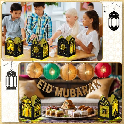 Retisee 24 Pcs Ramadan Eid DIY Lantern Craft Kit, Paper Lanterns with 1000 Gold Yellow Tissue Paper & Double-Sided Tape, Islamic Moon Star Motif Decor for Home Table Mosque Party Art Project - style: Ramadan