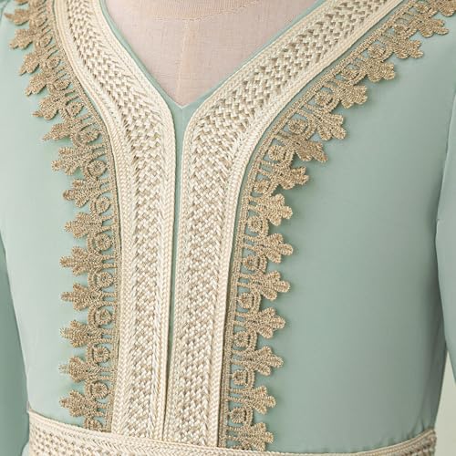 Toddler Girls Muslim Abaya Dress Islamic Dubai Modest Lace Belted Dress Abayas Kaftan Eid Prayer Clothes Arabian Maxi Robe - color: Light Green-a, size: 4-5T