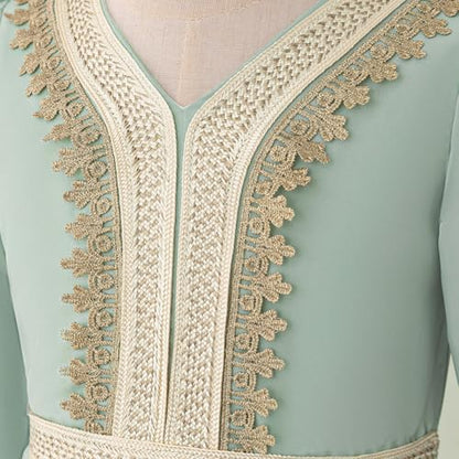 Toddler Girls Muslim Abaya Dress Islamic Dubai Modest Lace Belted Dress Abayas Kaftan Eid Prayer Clothes Arabian Maxi Robe - color: Light Green-a, size: 6-7 Years