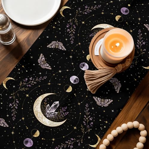 Whimsical Moon Table Runner Mysterious Dark Cosmic Crystal Purple Moths Flower 13x48 Inches Long Cotton Linen Table Runner Burlap Style for Dinner Table Party Decor Tabletop Decorations - size: 13" x 48"