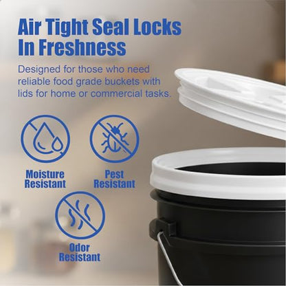 5 Gallon Bucket - Food Grade w/Lid BPA-Free, Black/White, 6 | Airtight Gamma Seal Screw-On Lid, Heavy-Duty 90 Mil HDPE Plastic, Food Safe and Durable Container, Bulk Storage, Made in USA - color: Black/White, size: 6 Packs