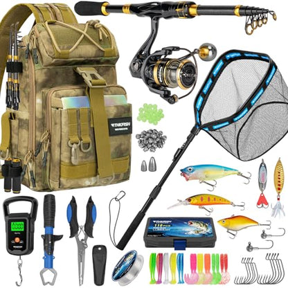 THKFISH Telescoping Fishing Rod and Reel Combo with Backpack, Carbon Fiber Travel Fishing Pole Spinning Reel Kit with Fishing Lures, Fishing Tools Kit for Men - color: Khaki Backpack With Fishing net & rod, size: 1.8M 5.9FT
