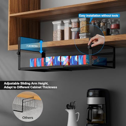 2Pack Under Shelf Basket, Adjustable Hanging Under Cabinet Shelf Storage, Hanging Holder Length Stretchable 14.9-22.6Inch for Kitchen Pantry Desk Counter Bookshelf Cupboard (Black)