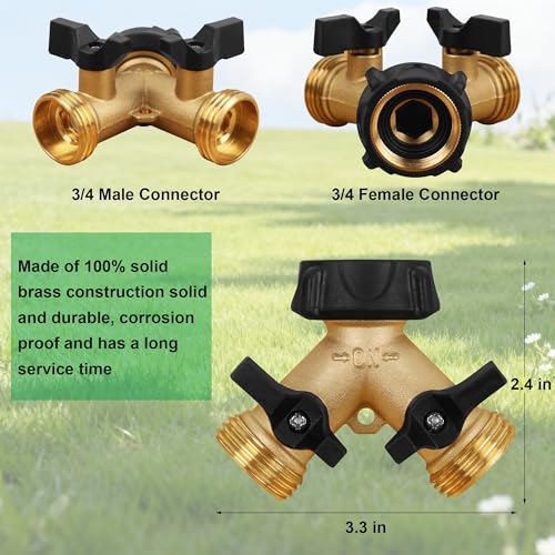 Biswing Garden Hose Splitter 2 Way, Heavy Duty Brass Connector Tap Splitter, Y Splitter 2 Valves with 2 Extra Rubber Washers - size: 2 Way