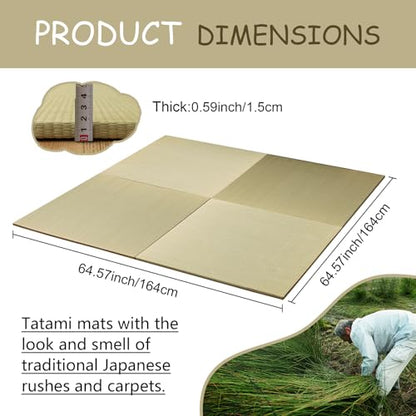 HAGiHARA Japanese Tatami Mat, Patchwork Tatami Floor Mats, 64" x 64" Foldable Square with Non-Slip Design for Bedroom, Crawling and Yoga, Made of Rush Grass, Igusa(Without Edge/4 Picecs) - size: 4pieces