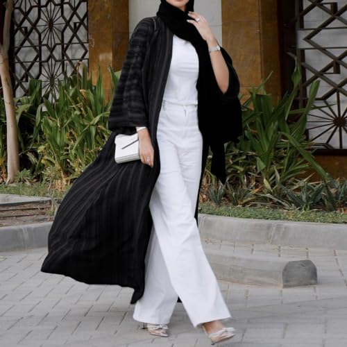 Womens Muslim Kimono Abaya Solid Striped Retro Ethnic Cardigan Robe Dubai Middle Eastern Saudi Arabia Eid Clothes - color: Black Long Cardigan, size: X-Large