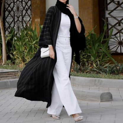 Womens Muslim Kimono Abaya Solid Striped Retro Ethnic Cardigan Robe Dubai Middle Eastern Saudi Arabia Eid Clothes - color: Black Long Cardigan, size: Medium